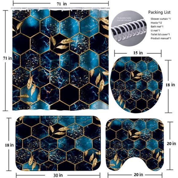 4 Pcs Bathroom Shower Curtain Set,Bathroom Sets with Rugs (Bath Mat,U Shape) - Picture 5 of 6